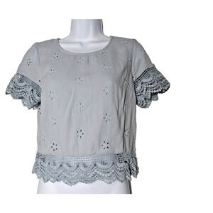 Hollister Womens Large Crop Top Light Blue Chic Boho Eyelet Crochet Top Blouse T